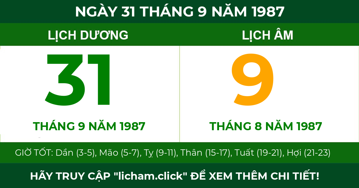 lịch âm ngày 31 tháng 9 năm 1987