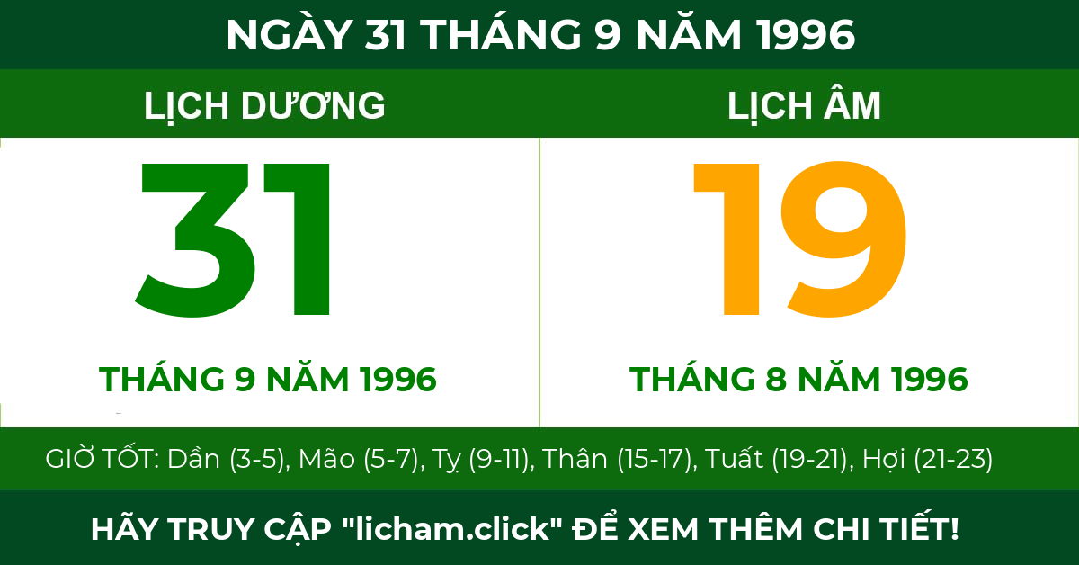 lịch âm ngày 31 tháng 9 năm 1996