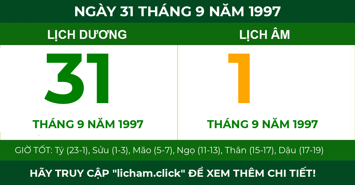 lịch âm ngày 31 tháng 9 năm 1997