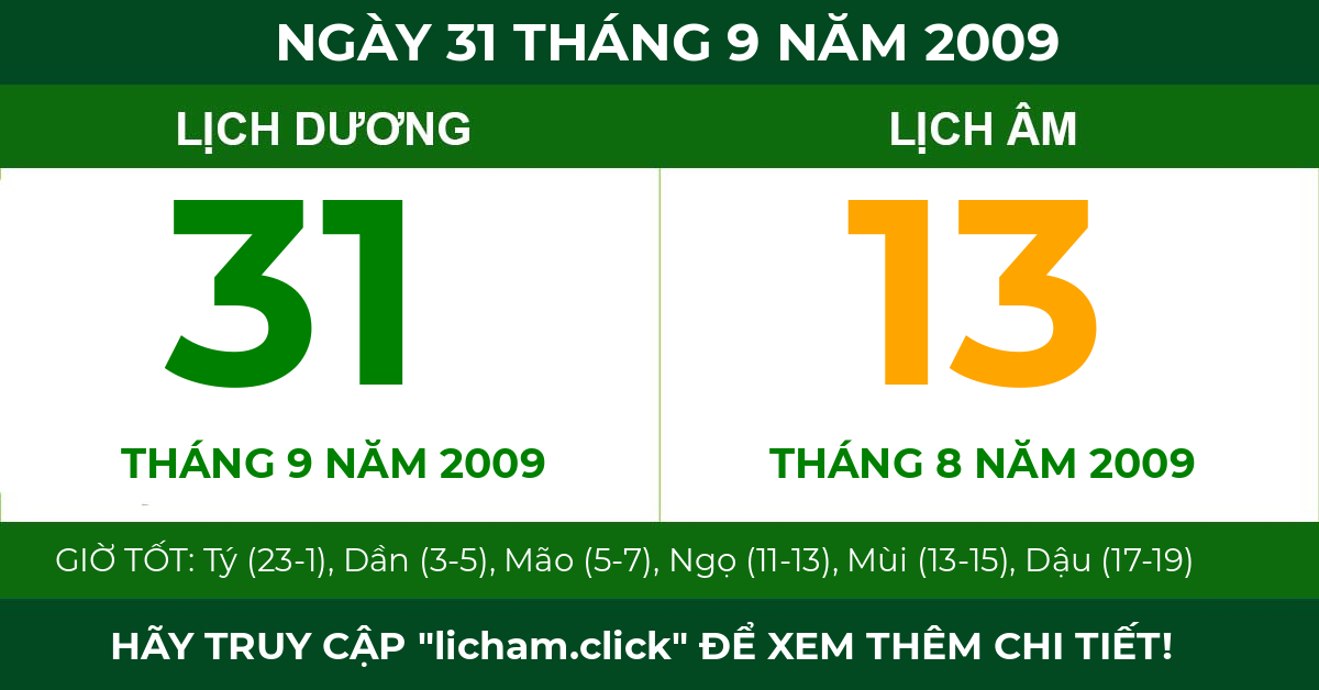 lịch âm ngày 31 tháng 9 năm 2009