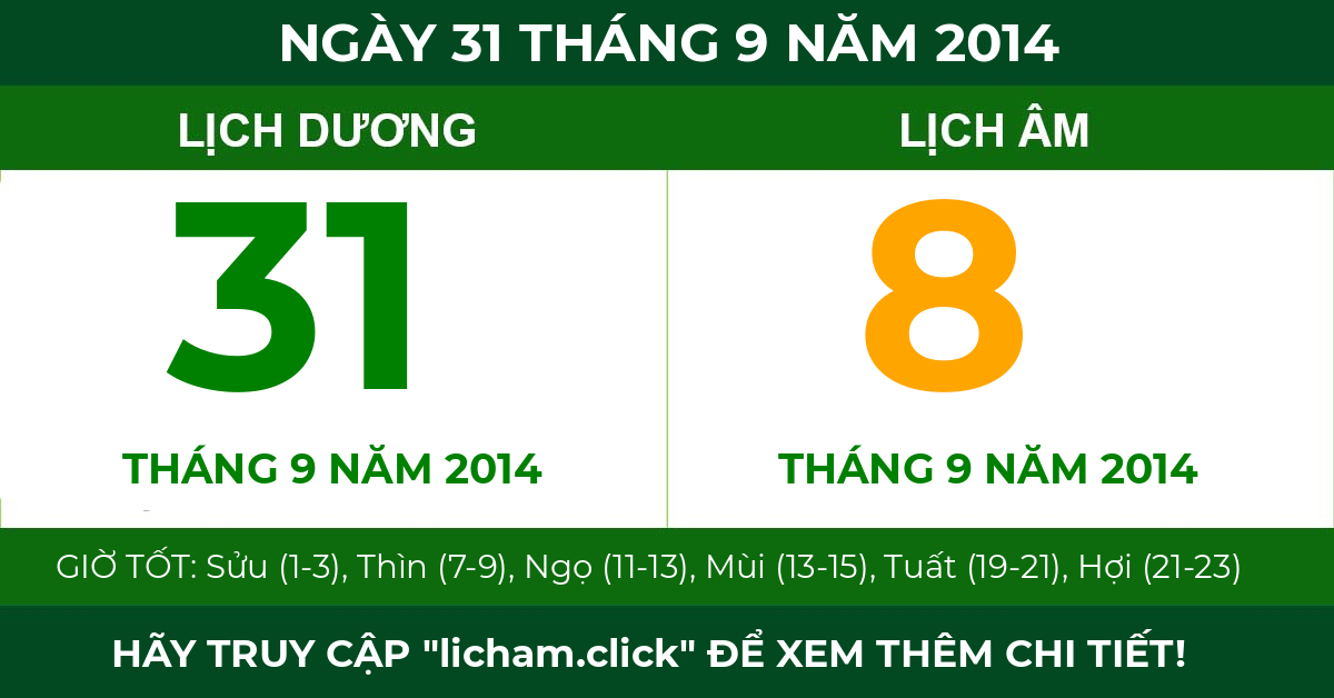 lịch âm ngày 31 tháng 9 năm 2014