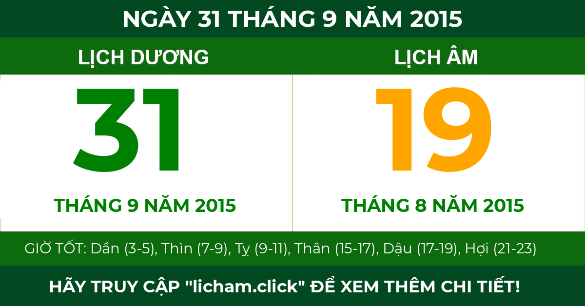 lịch âm ngày 31 tháng 9 năm 2015