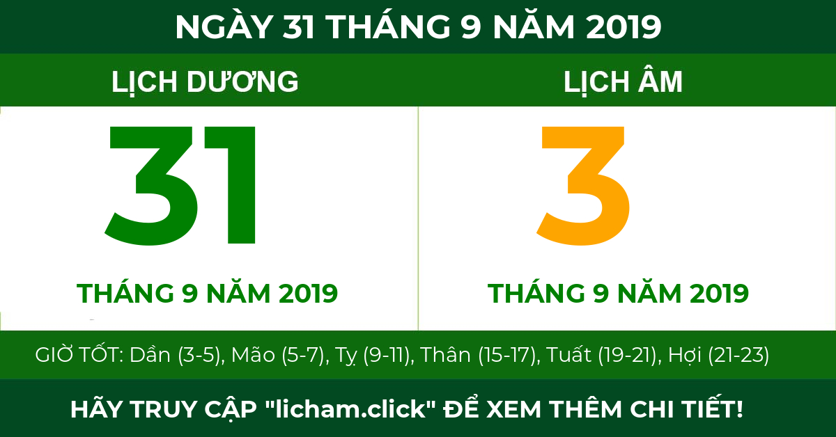 lịch âm ngày 31 tháng 9 năm 2019