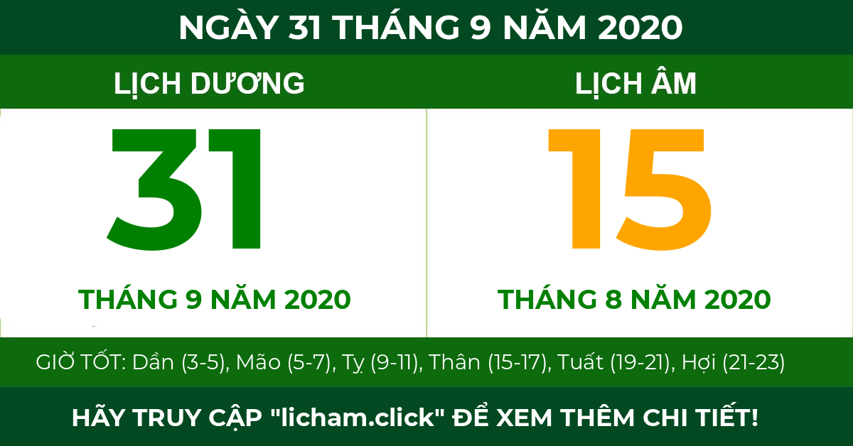 lịch âm ngày 31 tháng 9 năm 2020