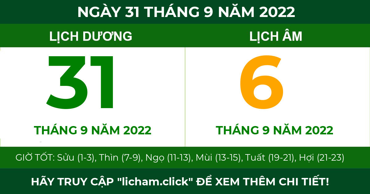 lịch âm ngày 31 tháng 9 năm 2022