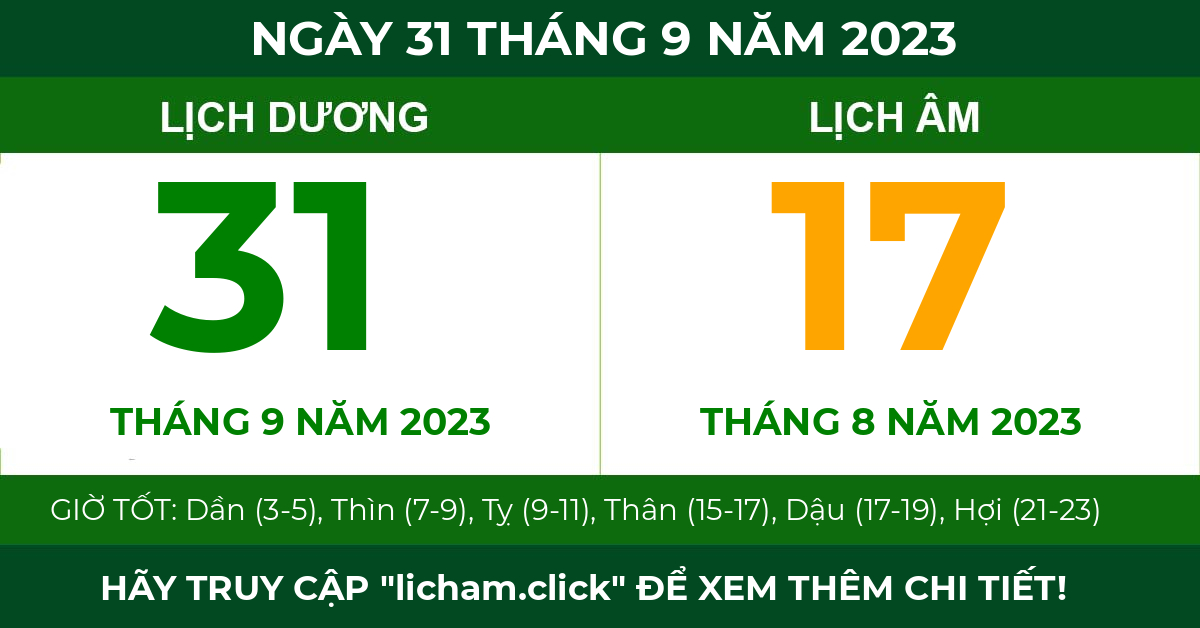 lịch âm ngày 31 tháng 9 năm 2023