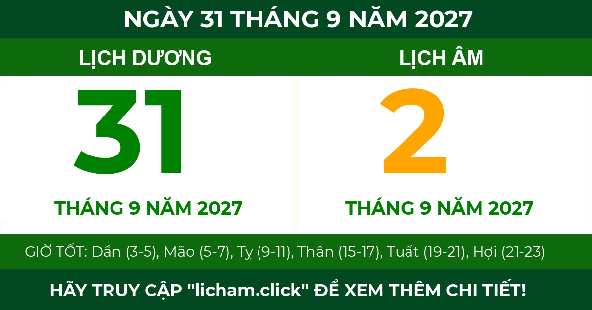 lịch âm ngày 31 tháng 9 năm 2027