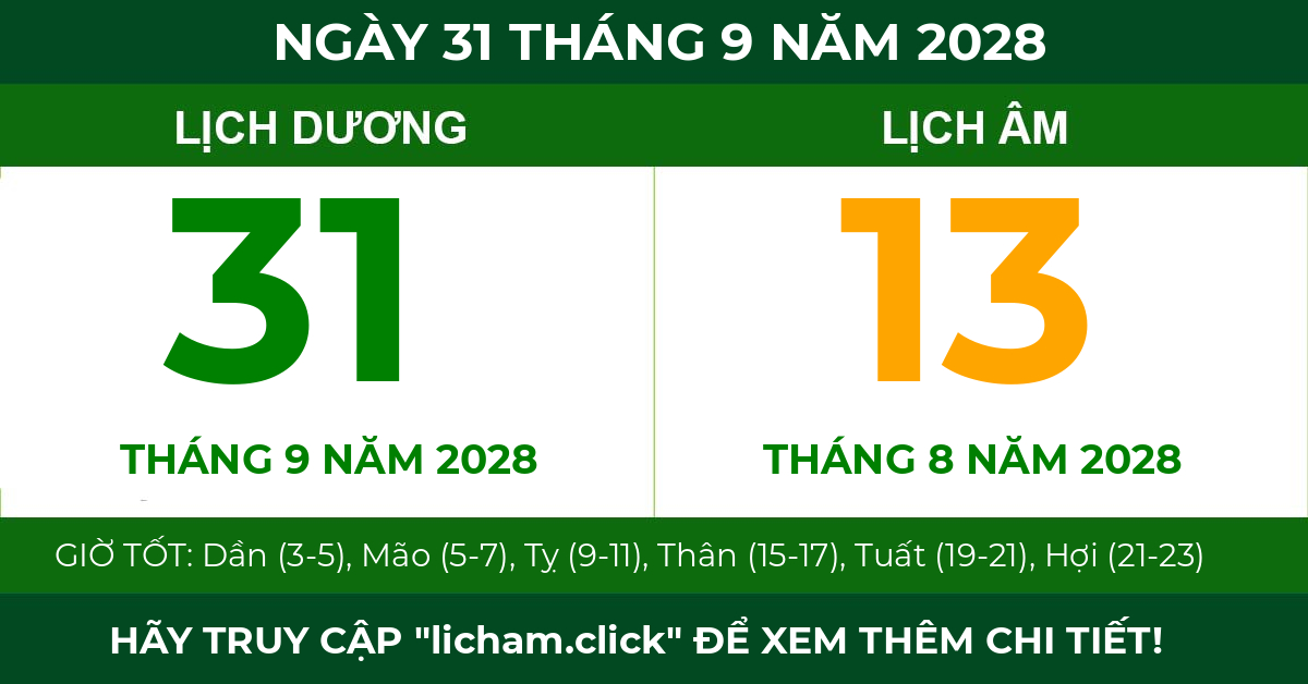 lịch âm ngày 31 tháng 9 năm 2028
