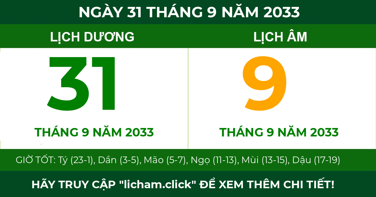 lịch âm ngày 31 tháng 9 năm 2033