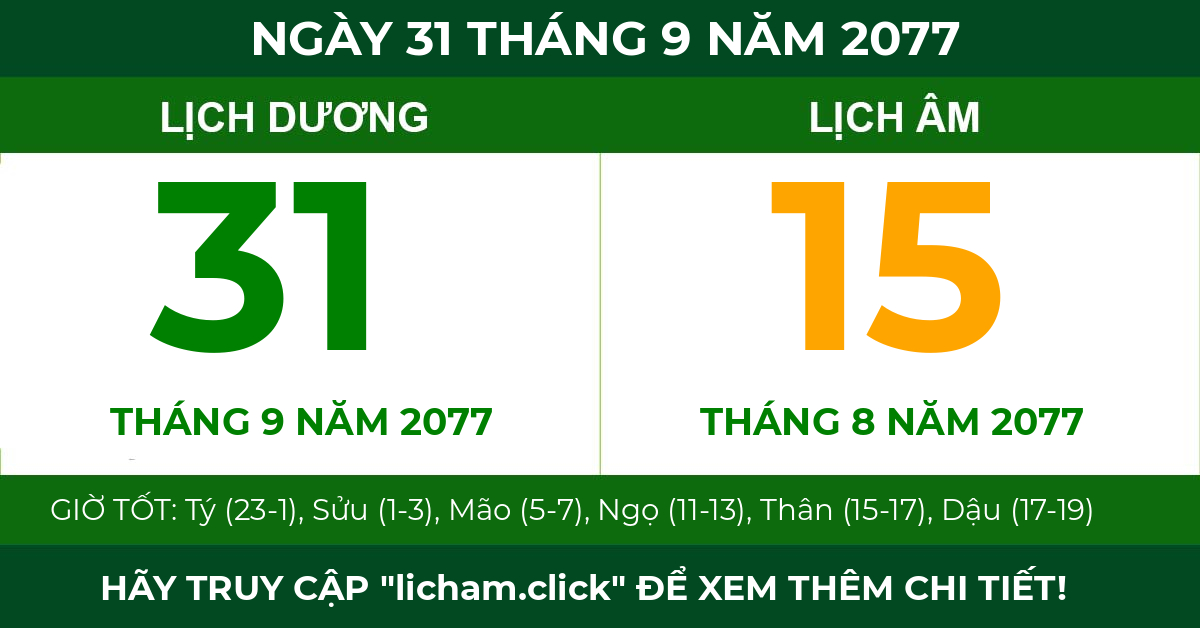 lịch âm ngày 31 tháng 9 năm 2077