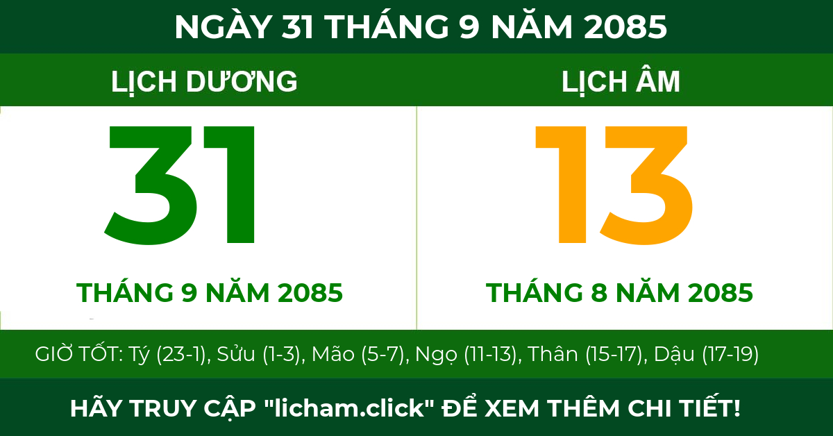 lịch âm ngày 31 tháng 9 năm 2085