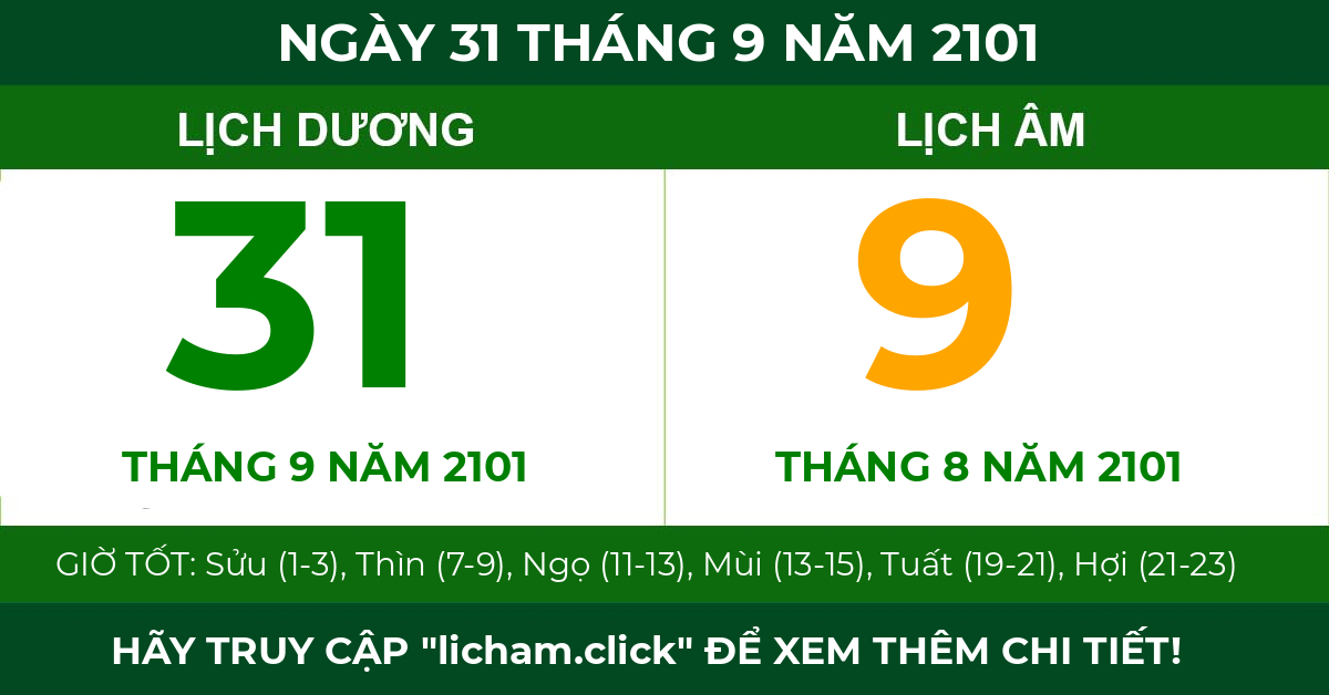 lịch âm ngày 31 tháng 9 năm 2101