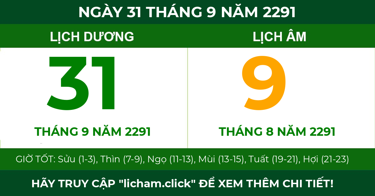 lịch âm ngày 31 tháng 9 năm 2291