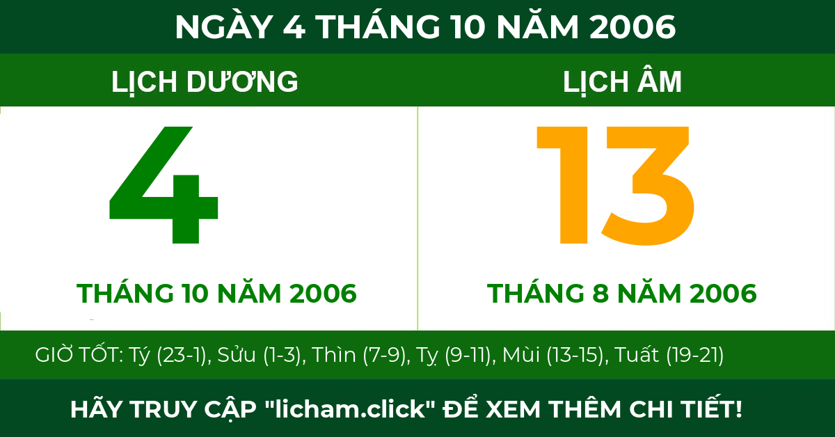 lịch âm ngày 4 tháng 10 năm 2006