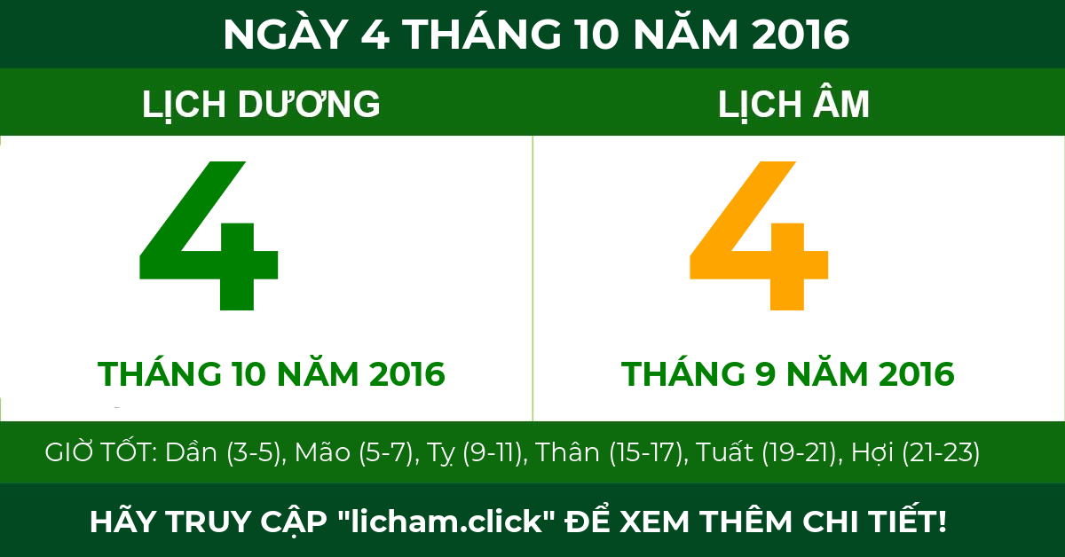 lịch âm ngày 4 tháng 10 năm 2016