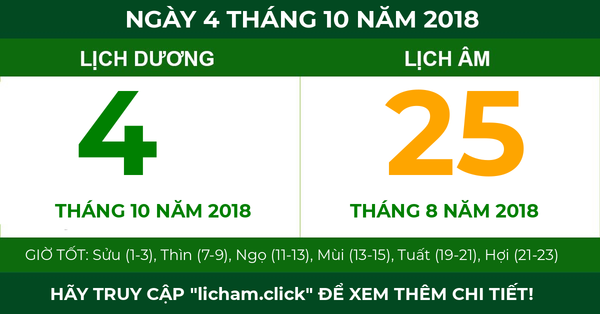 lịch âm ngày 4 tháng 10 năm 2018
