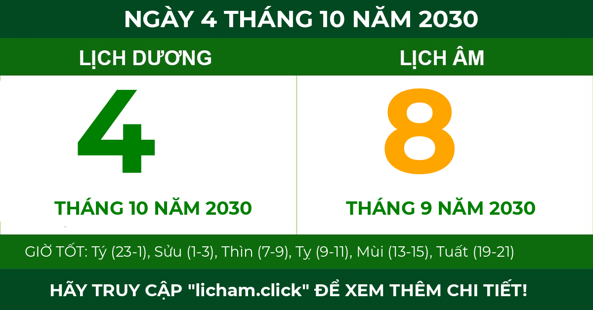 lịch âm ngày 4 tháng 10 năm 2030