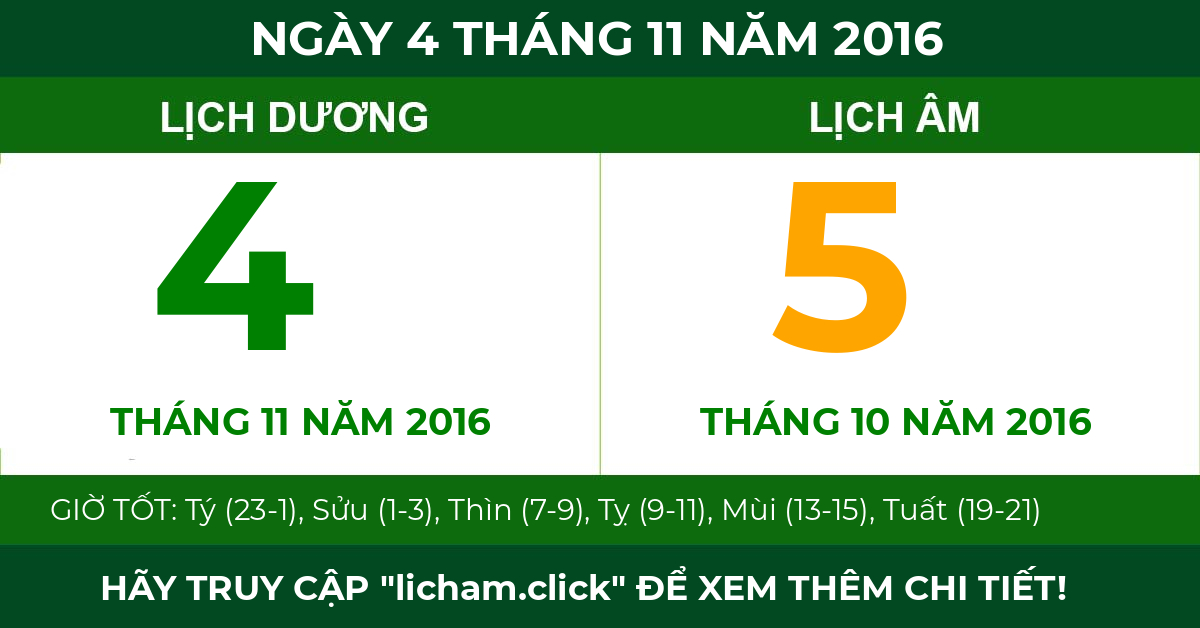 lịch âm ngày 4 tháng 11 năm 2016