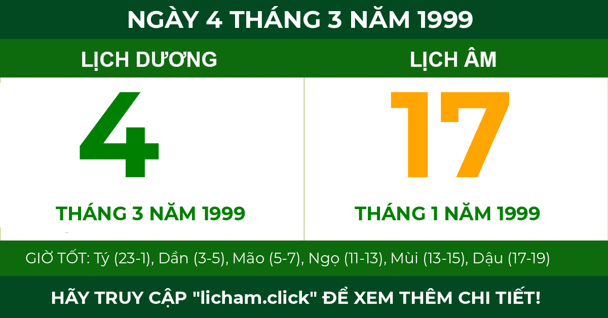 lịch âm ngày 4 tháng 3 năm 1999
