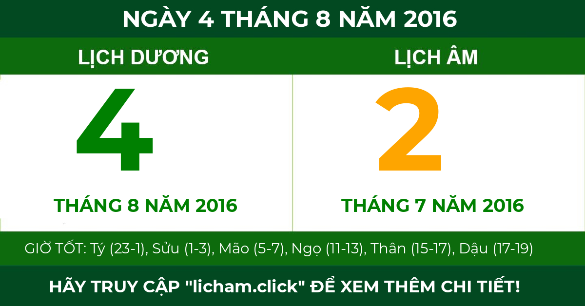 lịch âm ngày 4 tháng 8 năm 2016