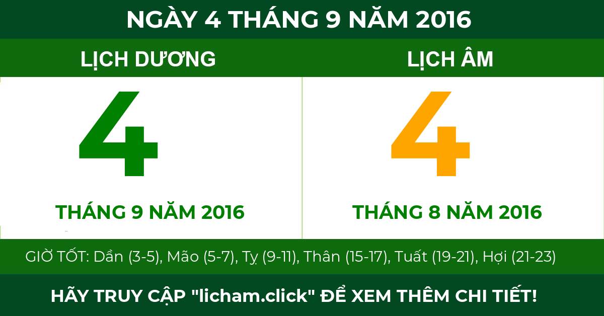 lịch âm ngày 4 tháng 9 năm 2016
