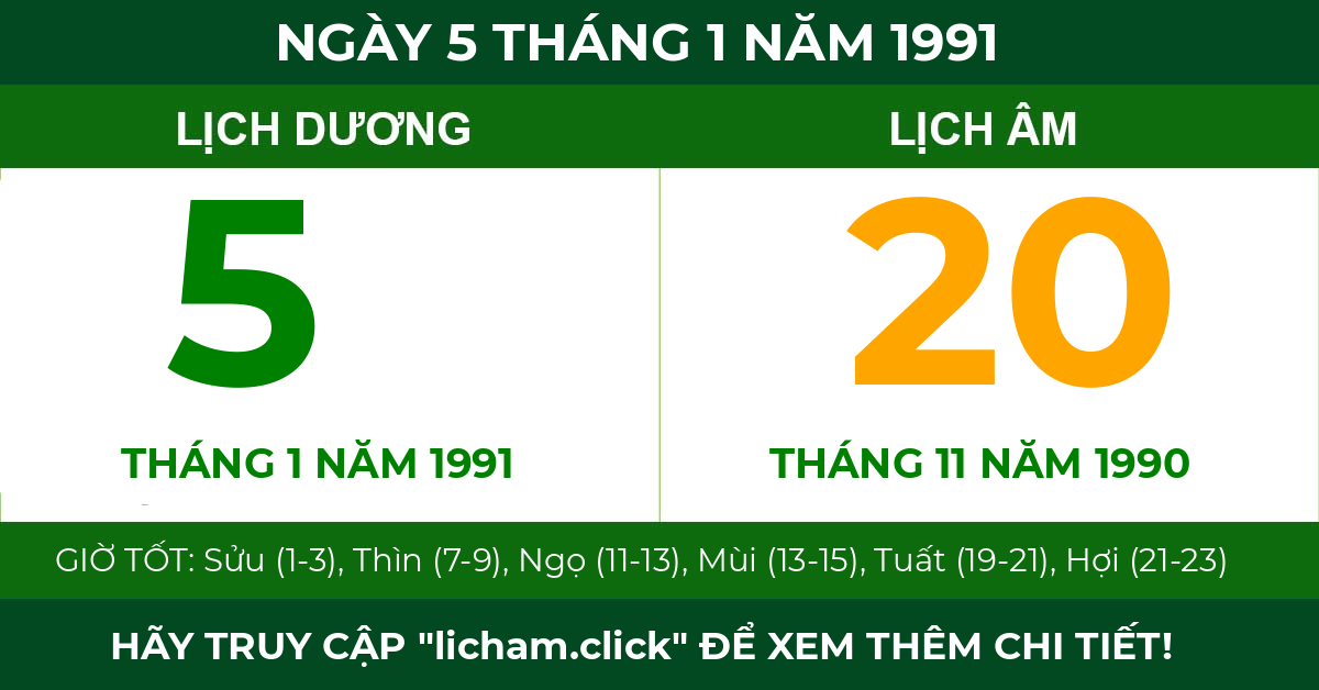lịch âm ngày 5 tháng 1 năm 1991
