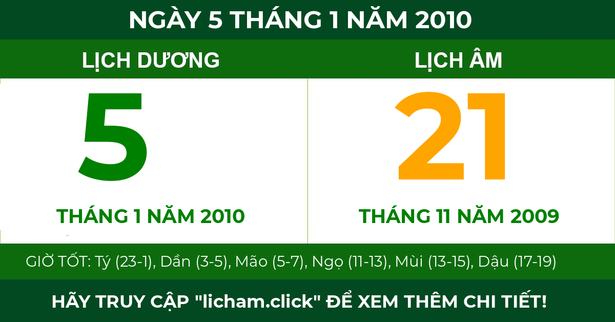lịch âm ngày 5 tháng 1 năm 2010