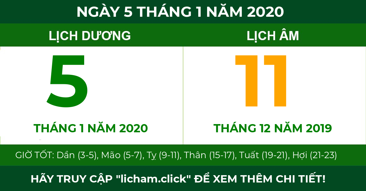 lịch âm ngày 5 tháng 1 năm 2020