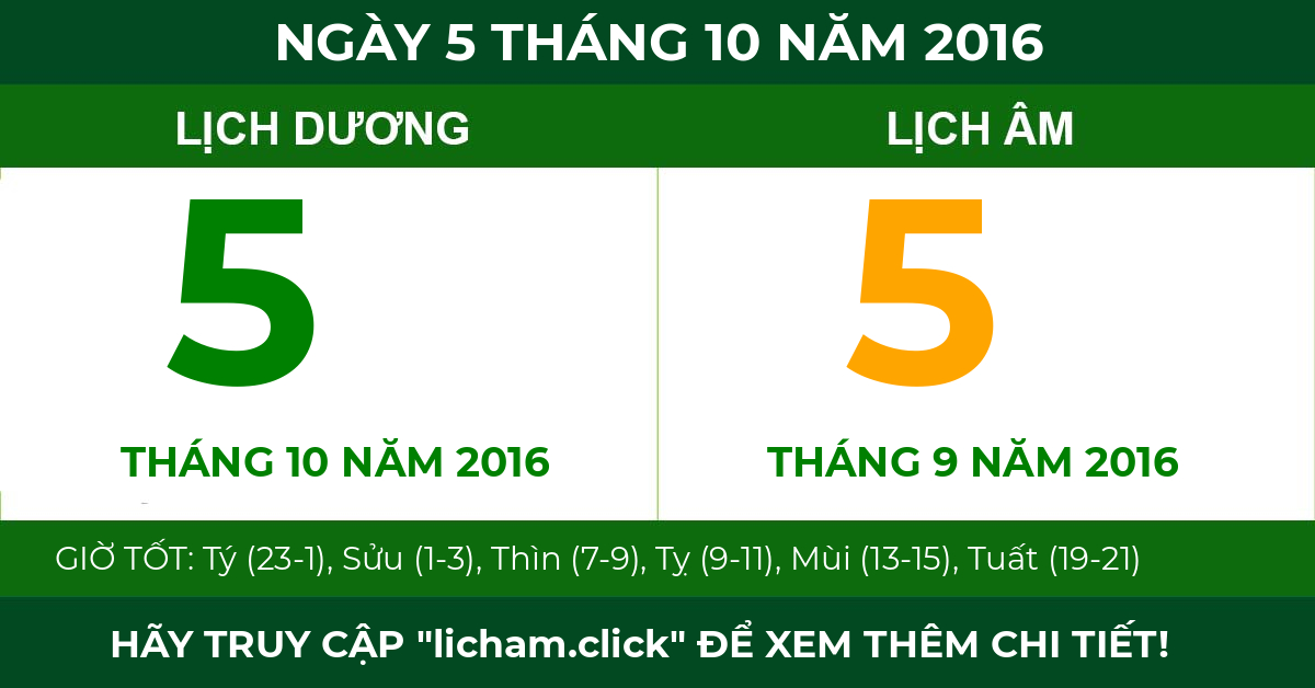 lịch âm ngày 5 tháng 10 năm 2016