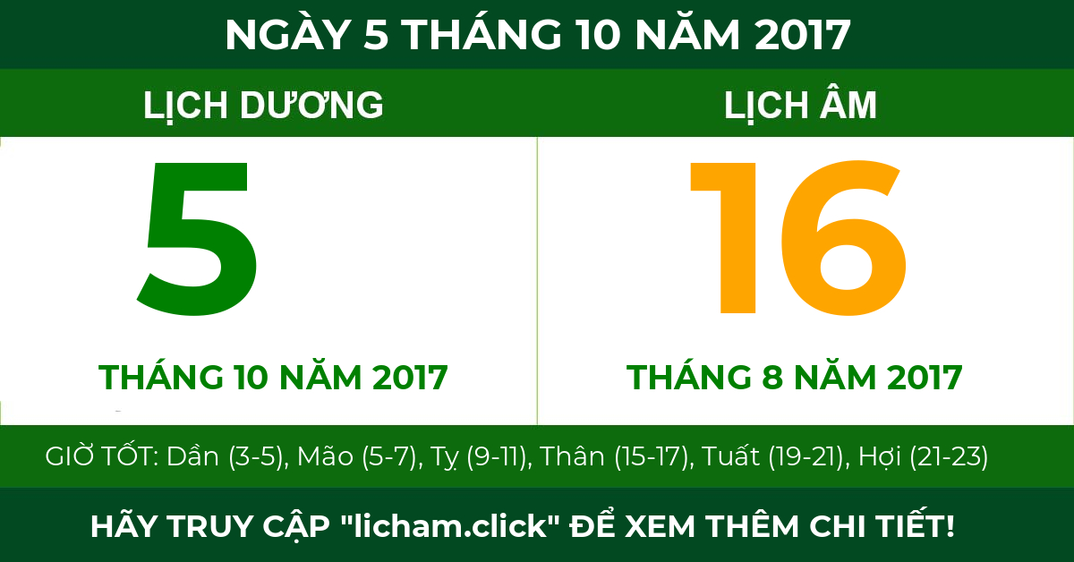 lịch âm ngày 5 tháng 10 năm 2017