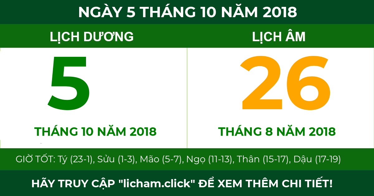 lịch âm ngày 5 tháng 10 năm 2018