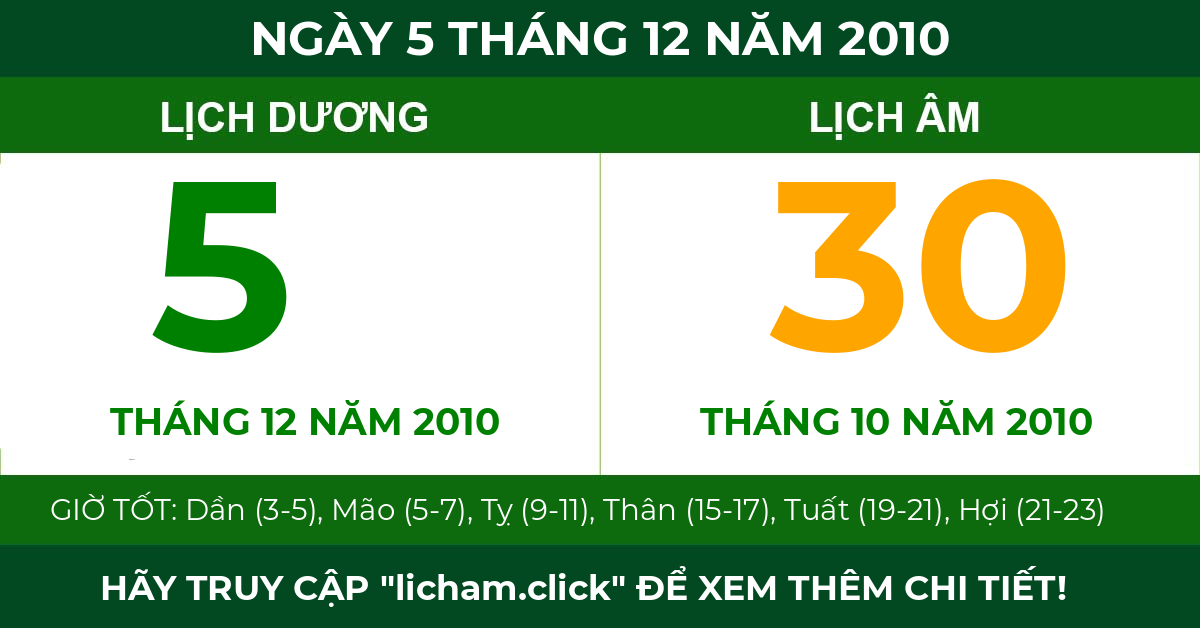 lịch âm ngày 5 tháng 12 năm 2010