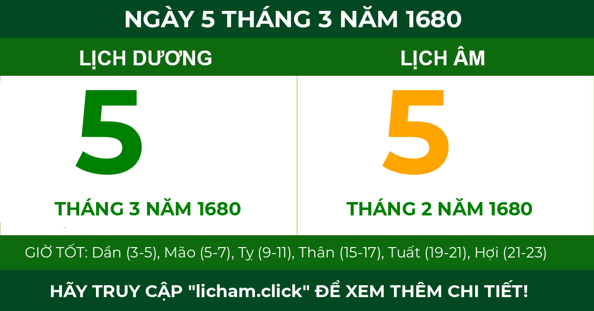 lịch âm ngày 5 tháng 3 năm 1680