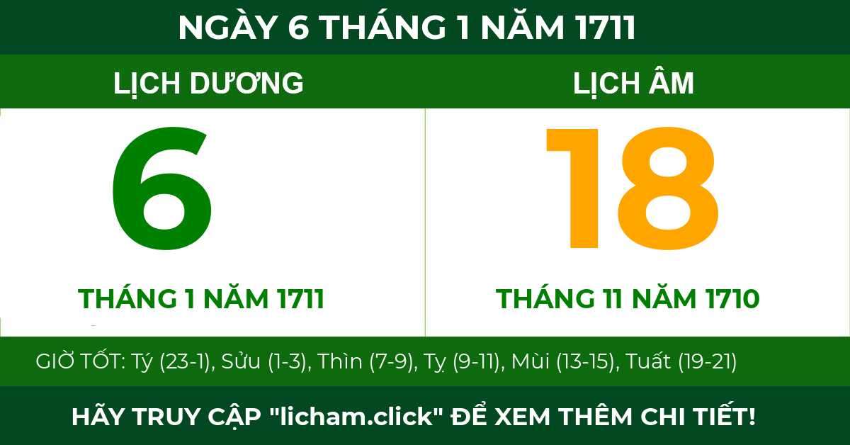 lịch âm ngày 6 tháng 1 năm 1711