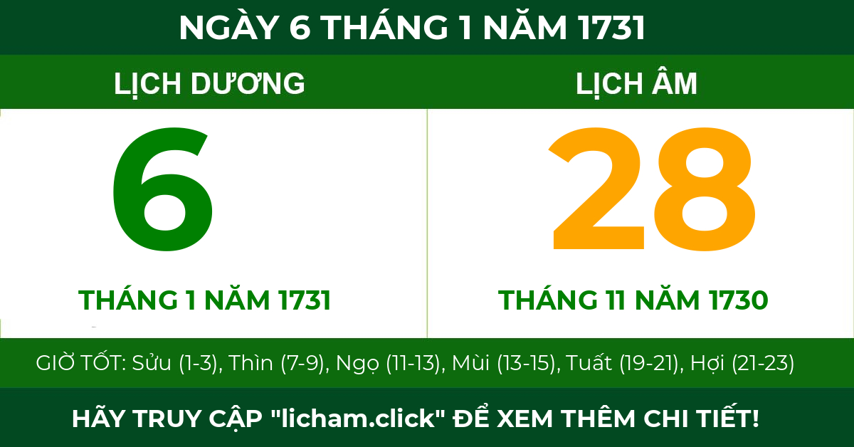 lịch âm ngày 6 tháng 1 năm 1731