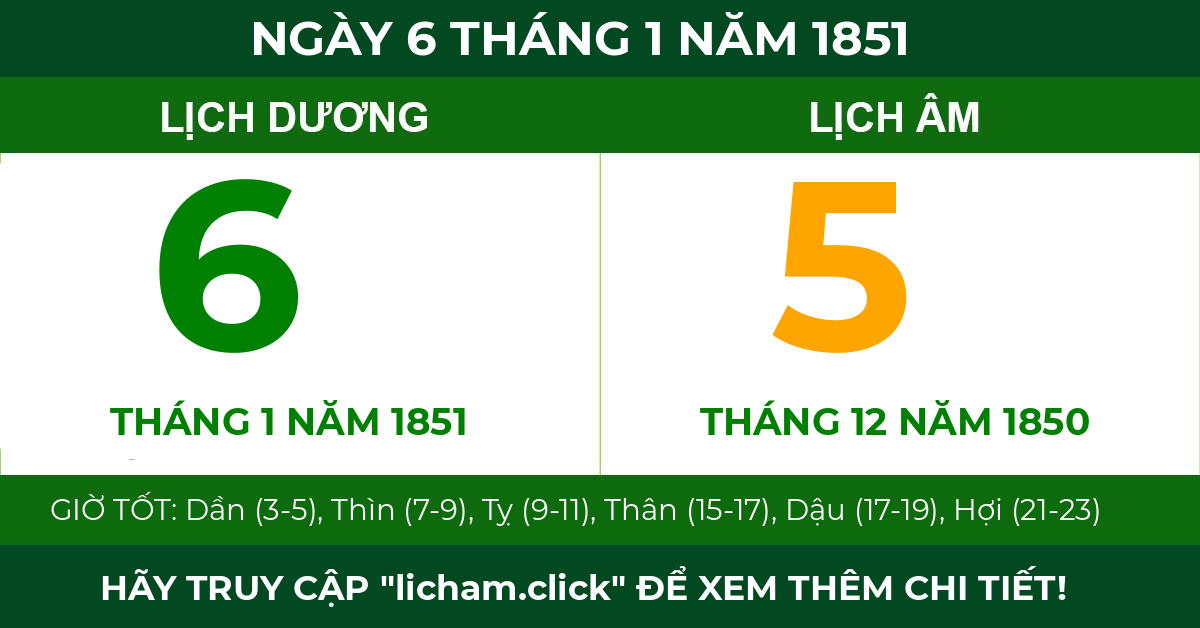 lịch âm ngày 6 tháng 1 năm 1851