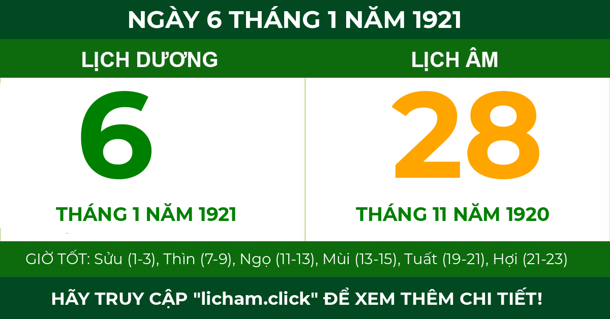 lịch âm ngày 6 tháng 1 năm 1921