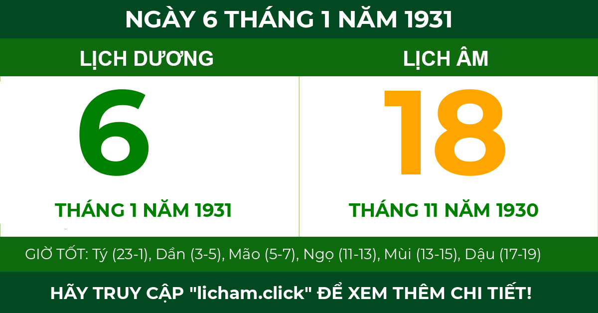 lịch âm ngày 6 tháng 1 năm 1931