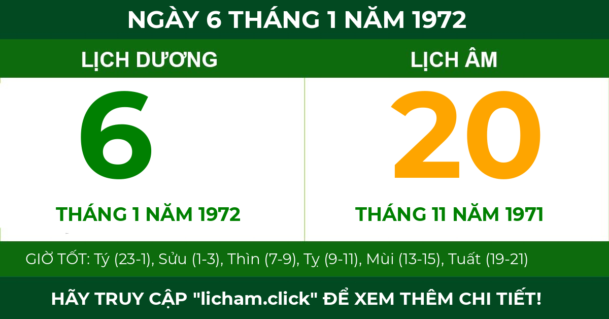 lịch âm ngày 6 tháng 1 năm 1972