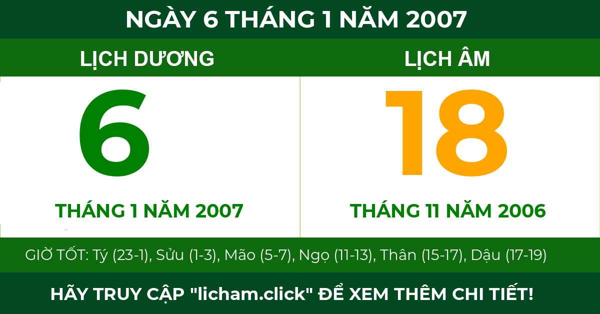 lịch âm ngày 6 tháng 1 năm 2007
