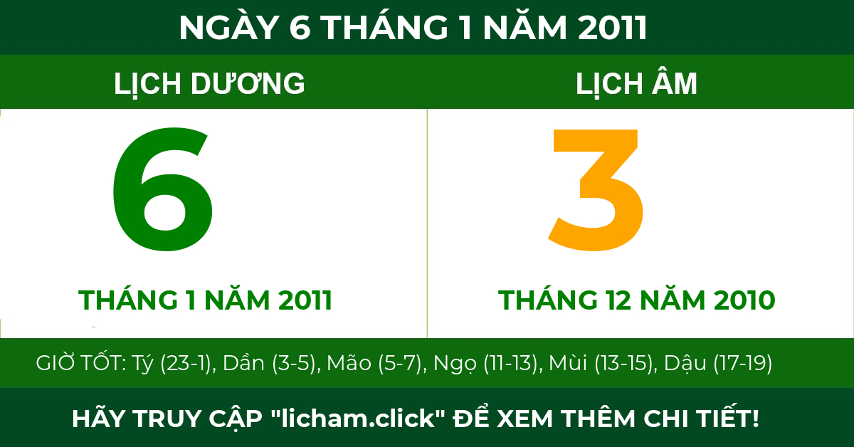 lịch âm ngày 6 tháng 1 năm 2011