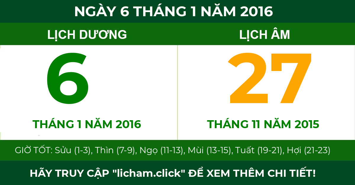 lịch âm ngày 6 tháng 1 năm 2016