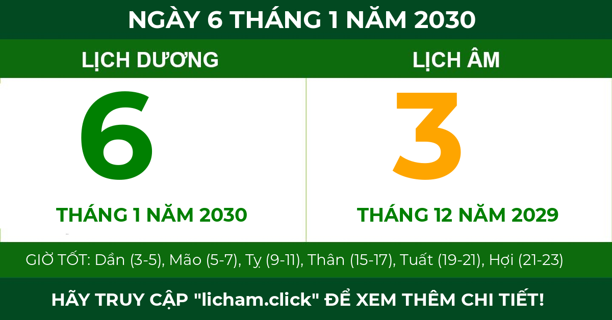 lịch âm ngày 6 tháng 1 năm 2030