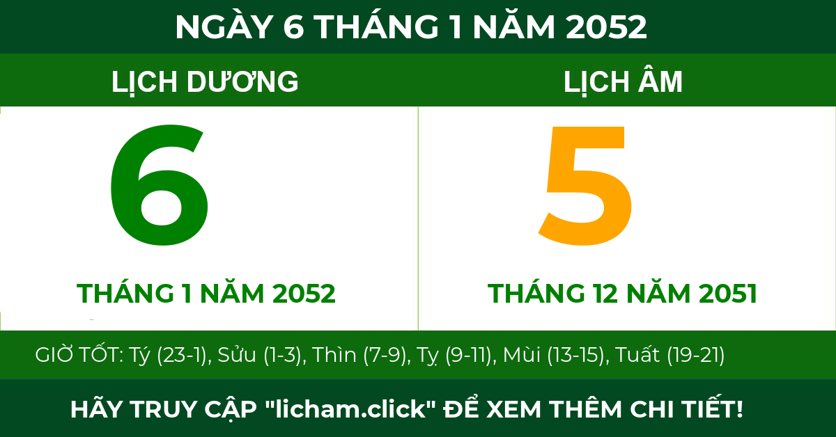 lịch âm ngày 6 tháng 1 năm 2052