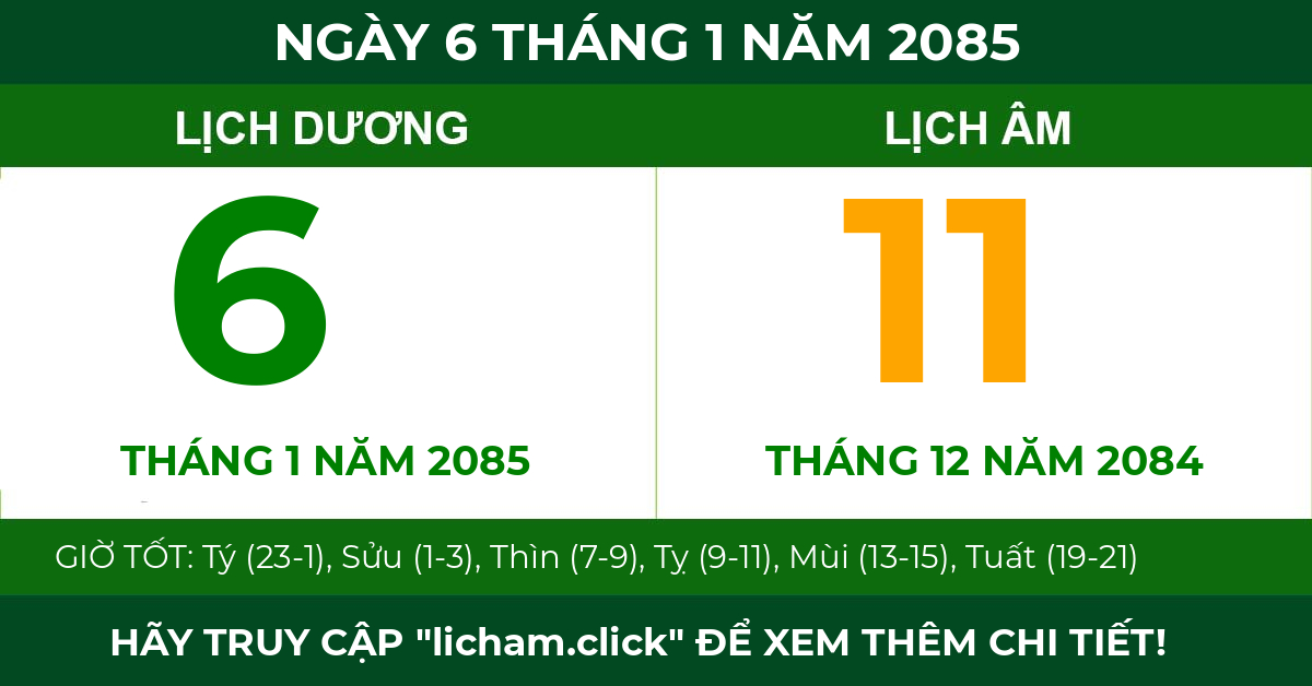 lịch âm ngày 6 tháng 1 năm 2085