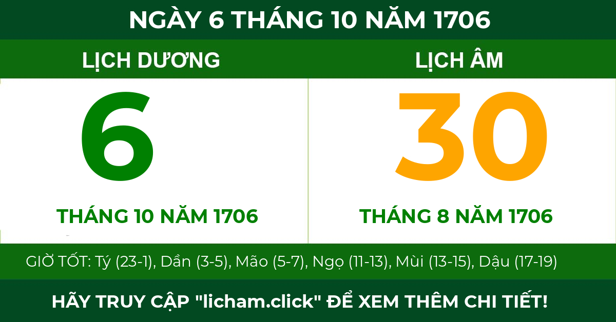 lịch âm ngày 6 tháng 10 năm 1706
