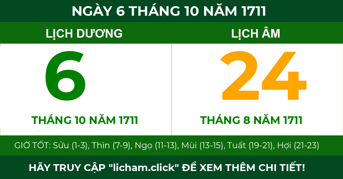 lịch âm ngày 6 tháng 10 năm 1711