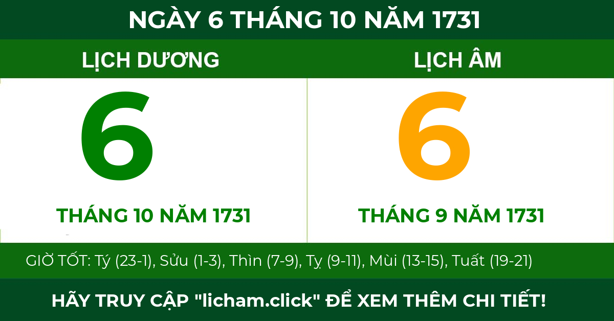 lịch âm ngày 6 tháng 10 năm 1731