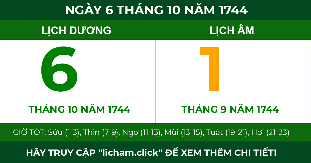 lịch âm ngày 6 tháng 10 năm 1744