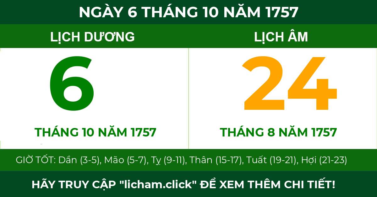 lịch âm ngày 6 tháng 10 năm 1757